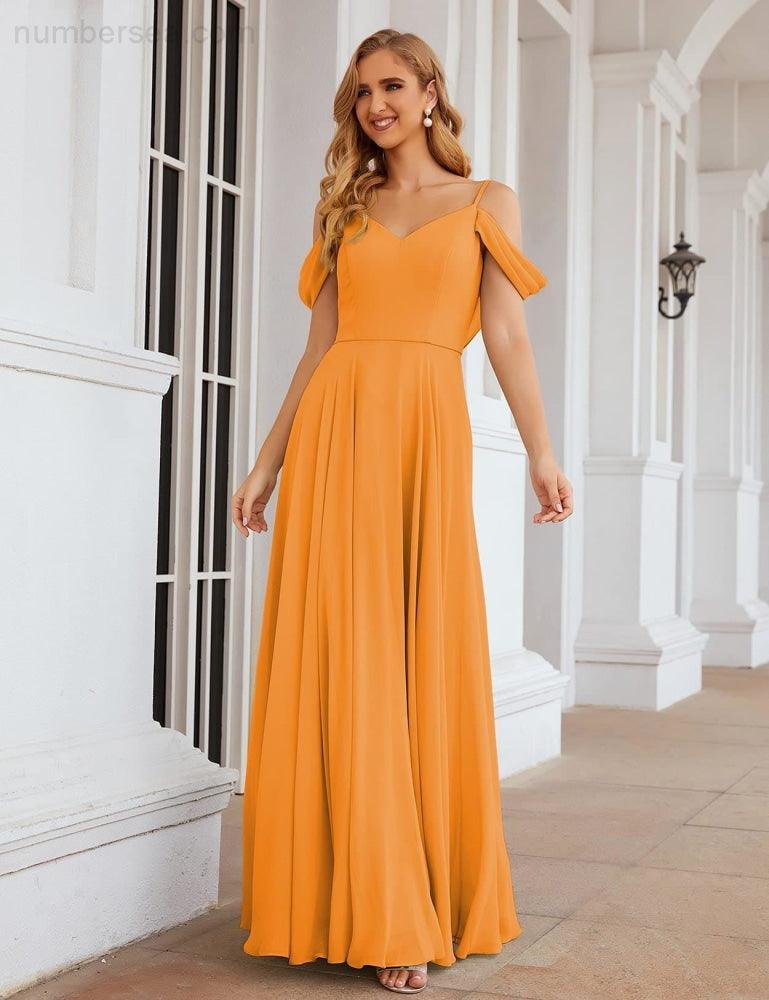 Numbersea Cold Shoulder Chiffon Bridesmaid Dresses Long Maxi Formal Prom Gowns for Women Party  SEA28059