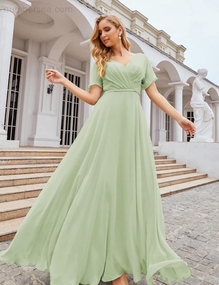 Numbersea Wrap V-Neck Chiffon Bridesmaid Dresses Long Formal Maxi Evening Gown for Wedding Guests  SEA28049