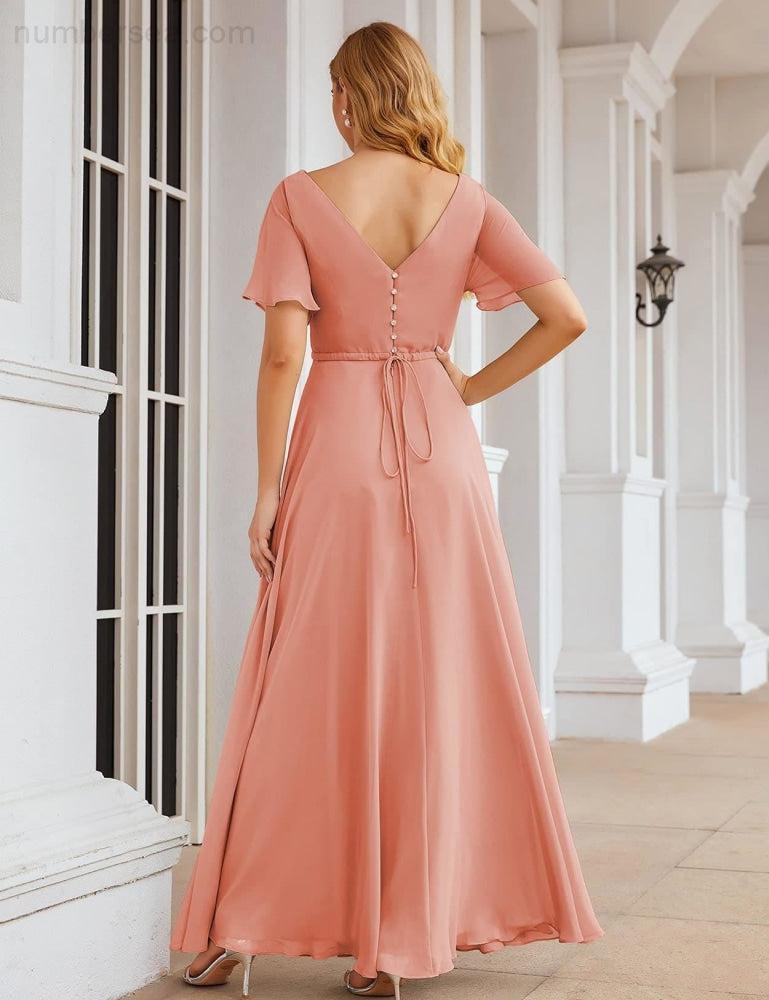 Numbersea Wrap V-Neck Chiffon Bridesmaid Dresses Long Formal Maxi Evening Gown for Wedding Guests  SEA28049