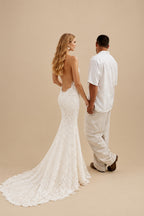Rutipo Ivory Trumpet/Mermaid V-Neck Court Train Wedding Dresses With Lace