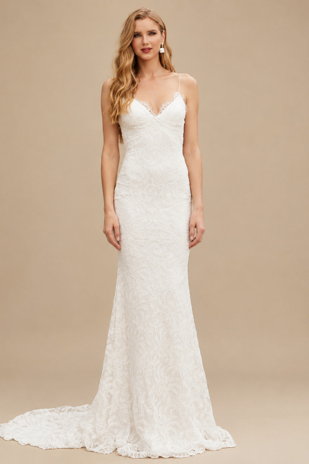 Rutipo Ivory Trumpet/Mermaid V-Neck Court Train Wedding Dresses With Lace