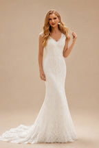 Rutipo Ivory Trumpet/Mermaid V Neck Lace Sweep Train Wedding Dresses With Lace