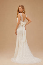 Rutipo Ivory Trumpet/Mermaid V Neck Lace Sweep Train Wedding Dresses With Lace
