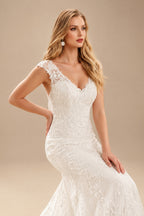 Rutipo Ivory Trumpet/Mermaid V Neck Lace Sweep Train Wedding Dresses With Lace