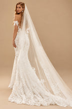 Rutipo Ivory Trumpet/Mermaid Off The Shoulder Lace Sweep Train Wedding Dresses With Appliques Lace