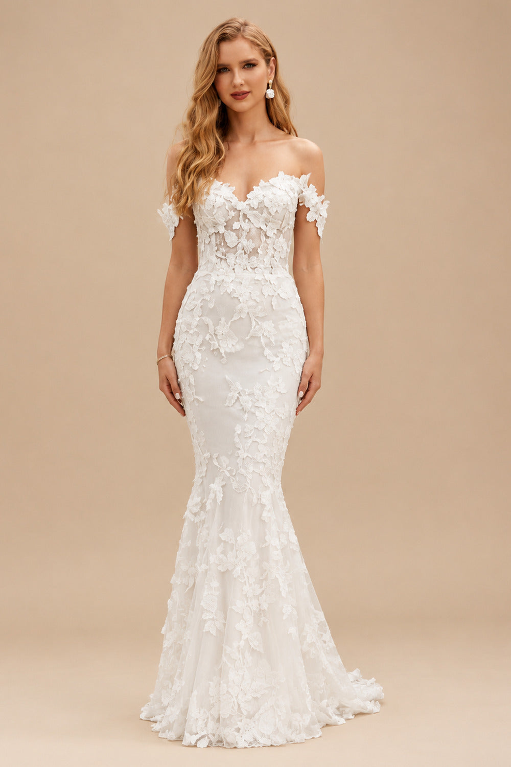 Rutipo Ivory Trumpet/Mermaid Off The Shoulder Lace Sweep Train Wedding Dresses With Appliques Lace