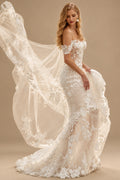 Rutipo Ivory Trumpet/Mermaid Off The Shoulder Lace Sweep Train Wedding Dresses With Appliques Lace