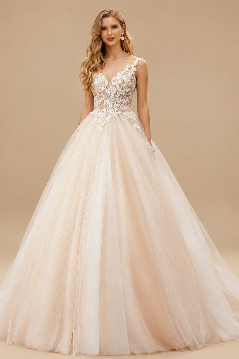 Rutipo As Picture Ball-Gown/Princess V Neck Tulle Lace Sweep Train Wedding Dresses With Lace