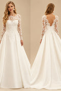 Rutipo Ivory Ball-Gown Scoop Neck Satin Lace Court Train Wedding Dresses With Lace