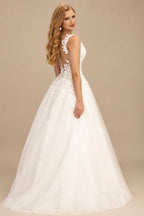 Rutipo Ivory Ball-Gown V-Neck Sleeveless Floor-Length Satin Wedding Dresses With Appliques Lace