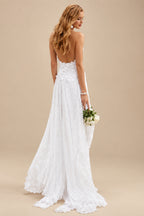 Rutipo White A-Line/Princess V-neck Chiffon Sweep Train Wedding Dresses With Split Front