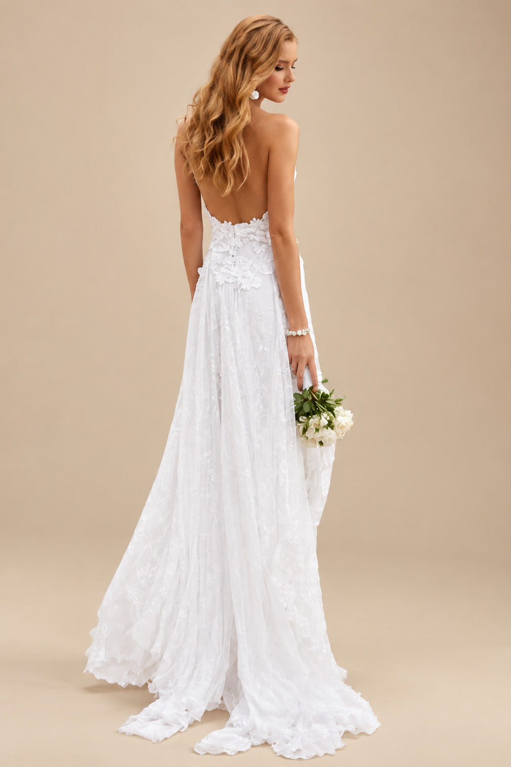 Rutipo White A-Line/Princess V-neck Chiffon Sweep Train Wedding Dresses With Split Front