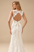 Rutipo As Picture Sheath/Column V-Neck Lace Sweep Train Wedding Dresses With Bow(s) Lace