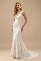 Rutipo As Picture Sheath/Column V-Neck Lace Sweep Train Wedding Dresses With Bow(s) Lace