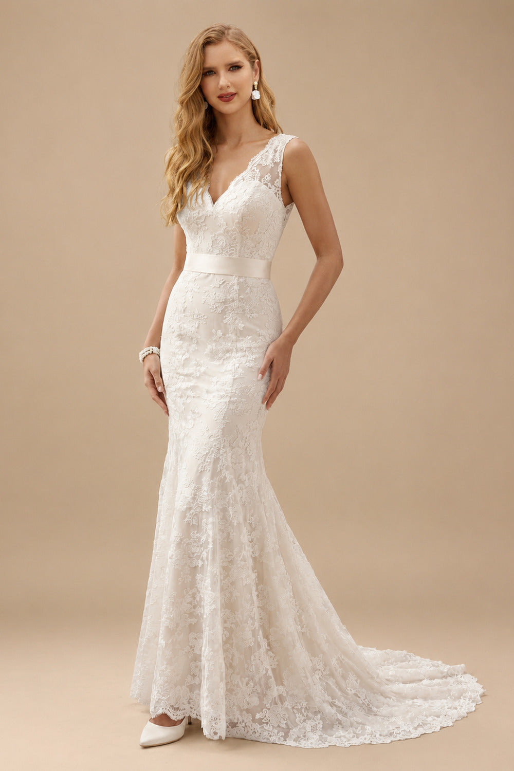 Rutipo As Picture Sheath/Column V-Neck Lace Sweep Train Wedding Dresses With Bow(s) Lace