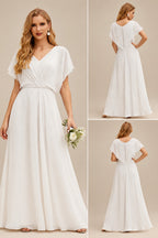 Rutipo Ivory Sheath/Column V-Neck Tulle Lace Court Train Wedding Dresses With Lace