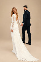 Rutipo Ivory Sheath/Column V-Neck Tulle Lace Court Train Wedding Dresses With Lace