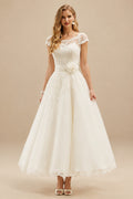 Rutipo Ivory A-Line Scoop Neck Tea-Length Tulle Wedding Dresses With Lace