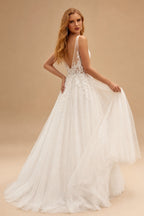 Rutipo Ivory Ball-Gown V Neck Sleeveless Floor-Length Tulle Wedding Dresse With Appliques Lace