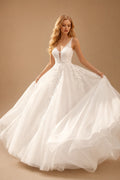 Rutipo Ivory Ball-Gown V Neck Sleeveless Floor-Length Tulle Wedding Dresse With Appliques Lace