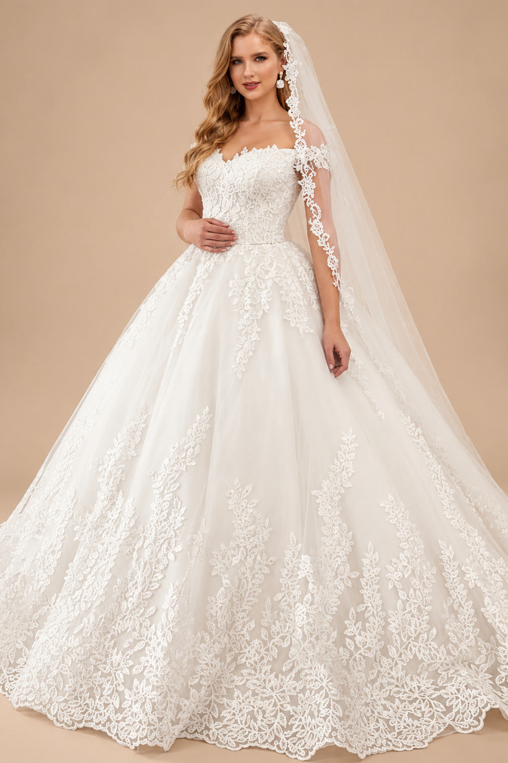 Rutipo Ivory Ball Gown Off-The-Shoulder Tulle Court Train Wedding Dress With Appliques Lace