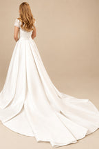 Rutipo Ivory A-Line/Princess V Neck Short Sleeve Lace Satin Cathedral Train Wedding Dress WIth Lace