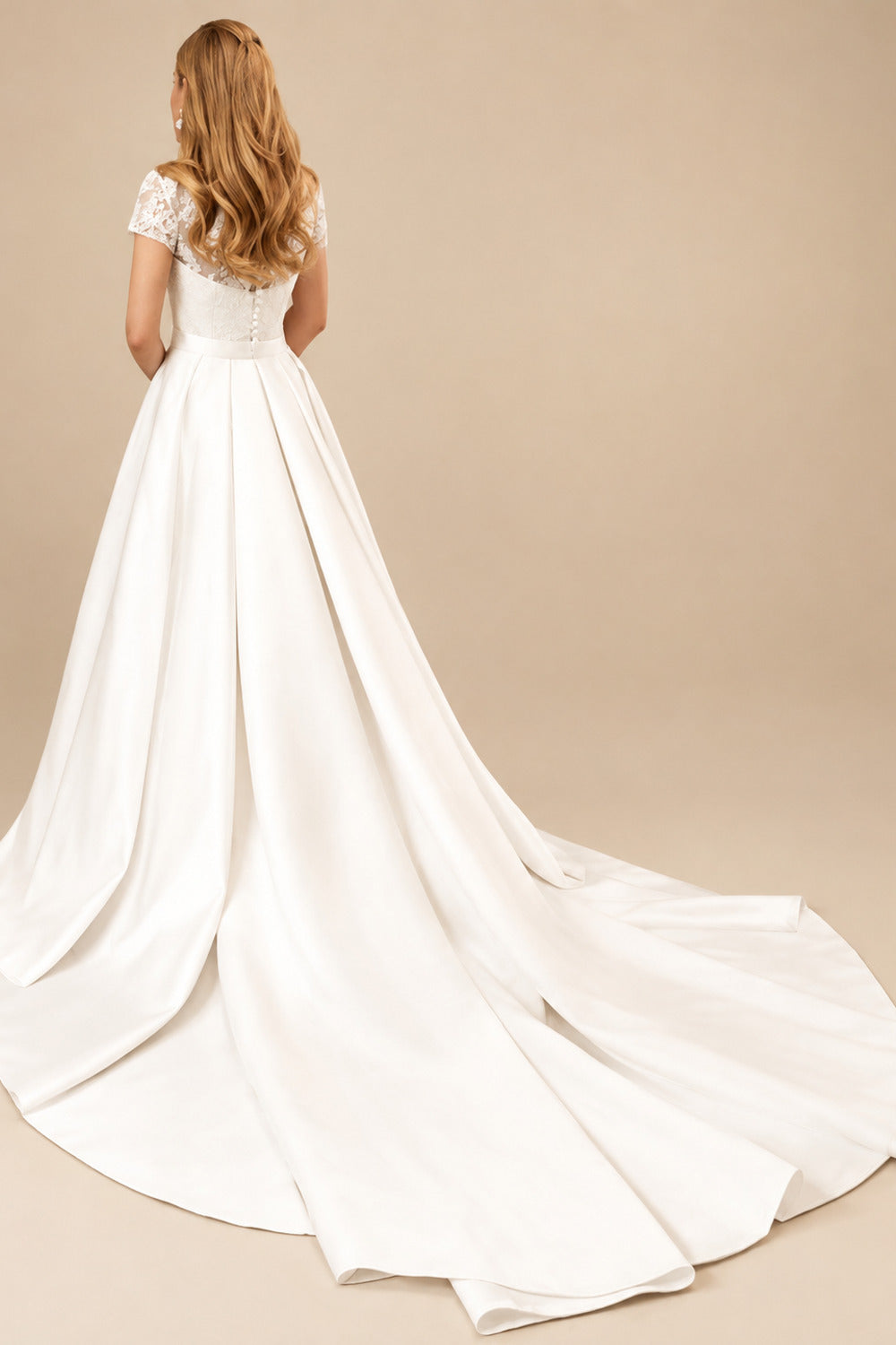 Rutipo Ivory A-Line/Princess V Neck Short Sleeve Lace Satin Cathedral Train Wedding Dress WIth Lace