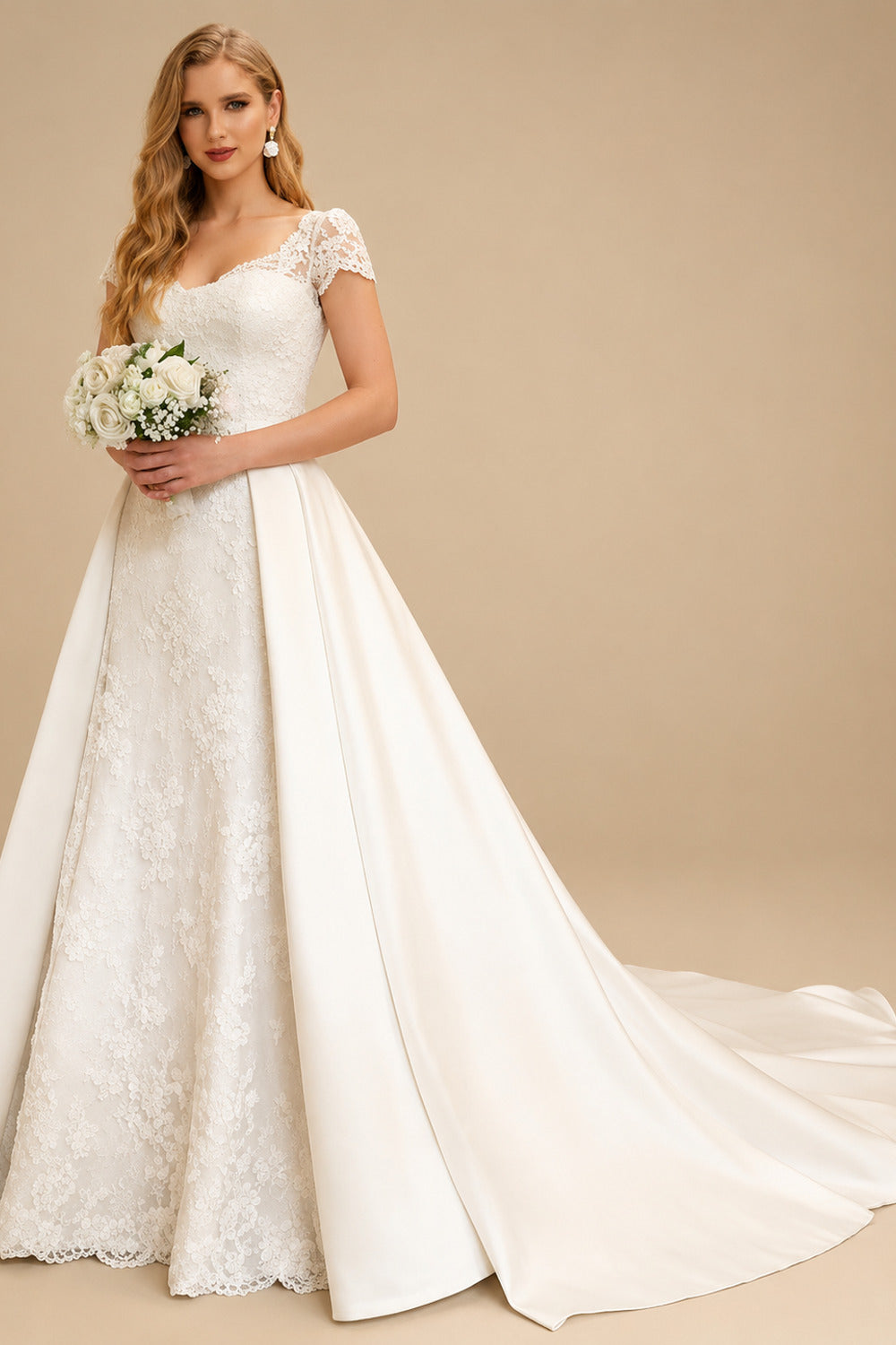 Rutipo Ivory A-Line/Princess V Neck Short Sleeve Lace Satin Cathedral Train Wedding Dress WIth Lace
