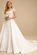 Rutipo Ivory A-Line/Princess V Neck Short Sleeve Lace Satin Cathedral Train Wedding Dress WIth Lace