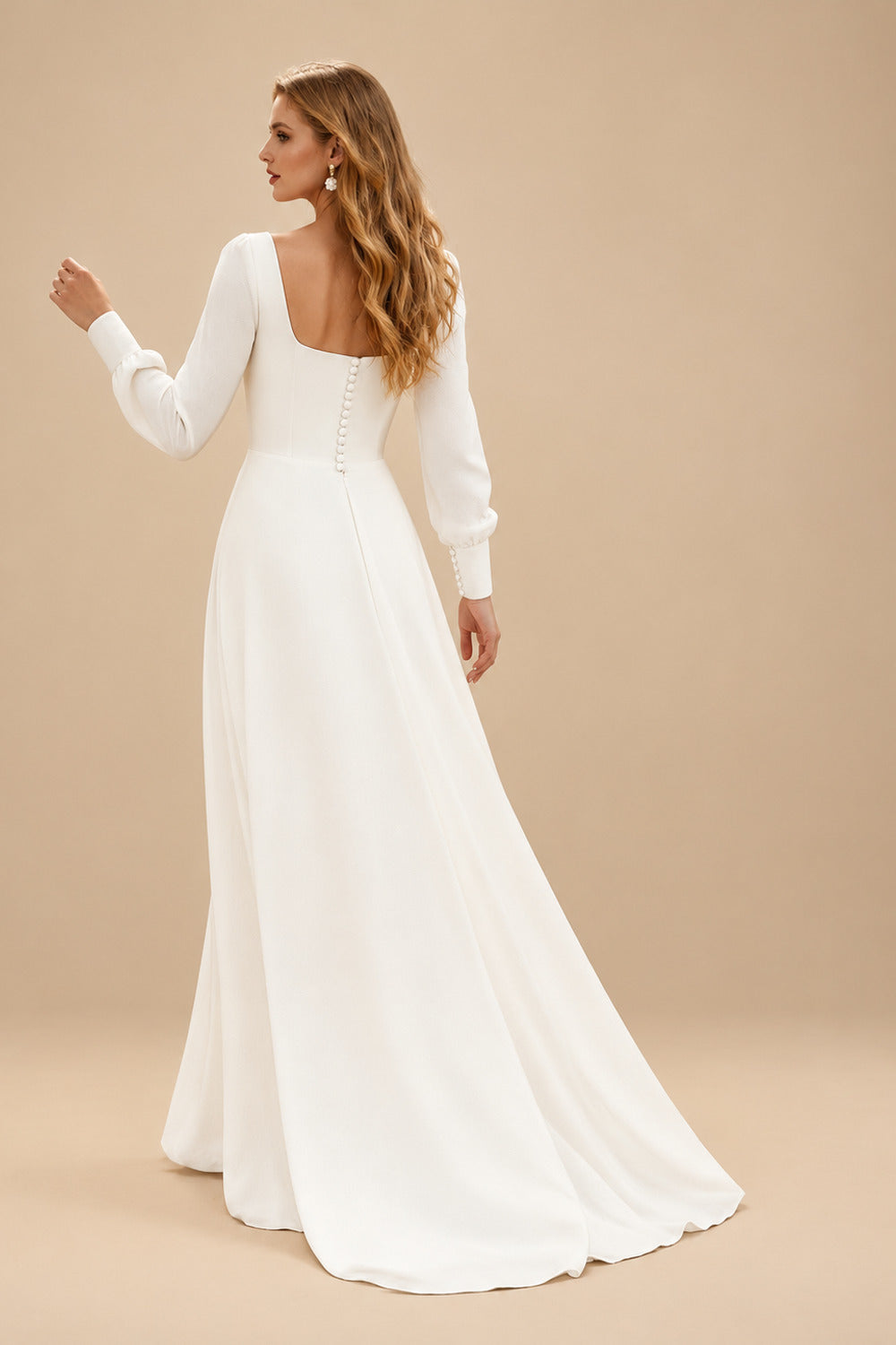 Rutipo Ivory A-Line Square Neckline Long Sleeves Sweep Train Silk Like Satin Wedding Dresses