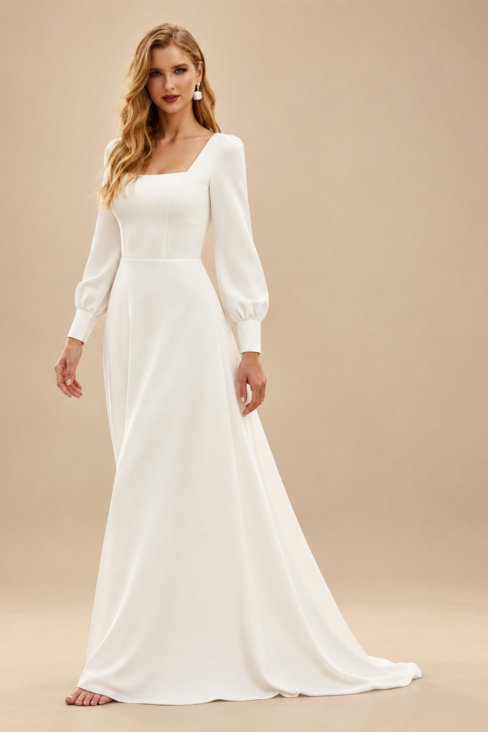 Rutipo Ivory A-Line Square Neckline Long Sleeves Sweep Train Silk Like Satin Wedding Dresses