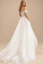Rutipo Ivory A-Line Off-The-Shoulder Short Sleeves Lace Tulle Court Train Wedding Dresses With Lace