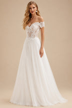 Rutipo Ivory A-Line Off-The-Shoulder Short Sleeves Lace Tulle Court Train Wedding Dresses With Lace