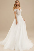 Rutipo Ivory A-Line Off-The-Shoulder Short Sleeves Lace Tulle Court Train Wedding Dresses With Lace