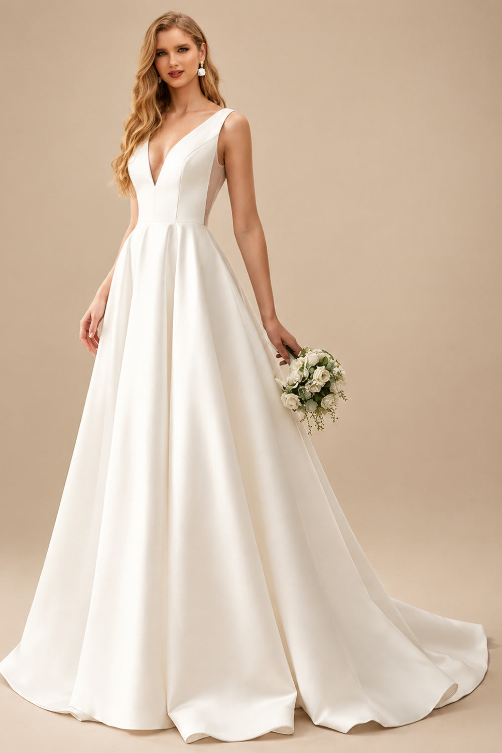 Rutipo Ivory A-Line V-Neck Sleeveless Satin Sweep Train Wedding Dresses With Pleated