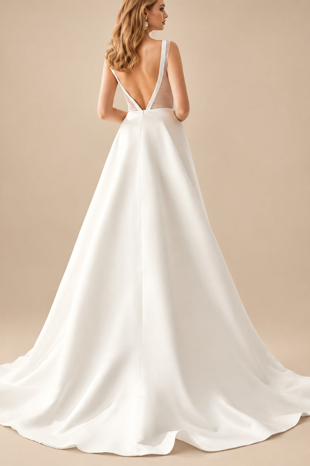Rutipo Ivory A-Line V-Neck Sleeveless Satin Sweep Train Wedding Dresses With Pleated