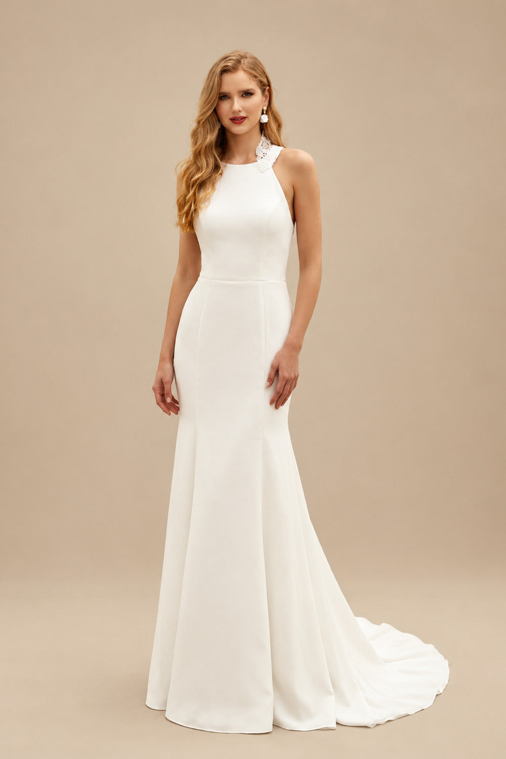 Rutipo Ivory Trumpet/Mermaid Sleeveless Halter Elastic Satin Sweep Train Wedding Dresses With Bow(s)