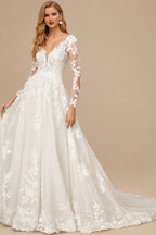 Rutipo Ivory A-Line V-Neck Long Sleeves Tulle Lace Chapel Train Wedding Dresses With Appliques Lace
