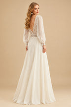 Rutipo Ivory Ball-Gown V-Neck Long Sleeves Tulle Lace Sweep Train Wedding Dresses WIth Pleated Lace