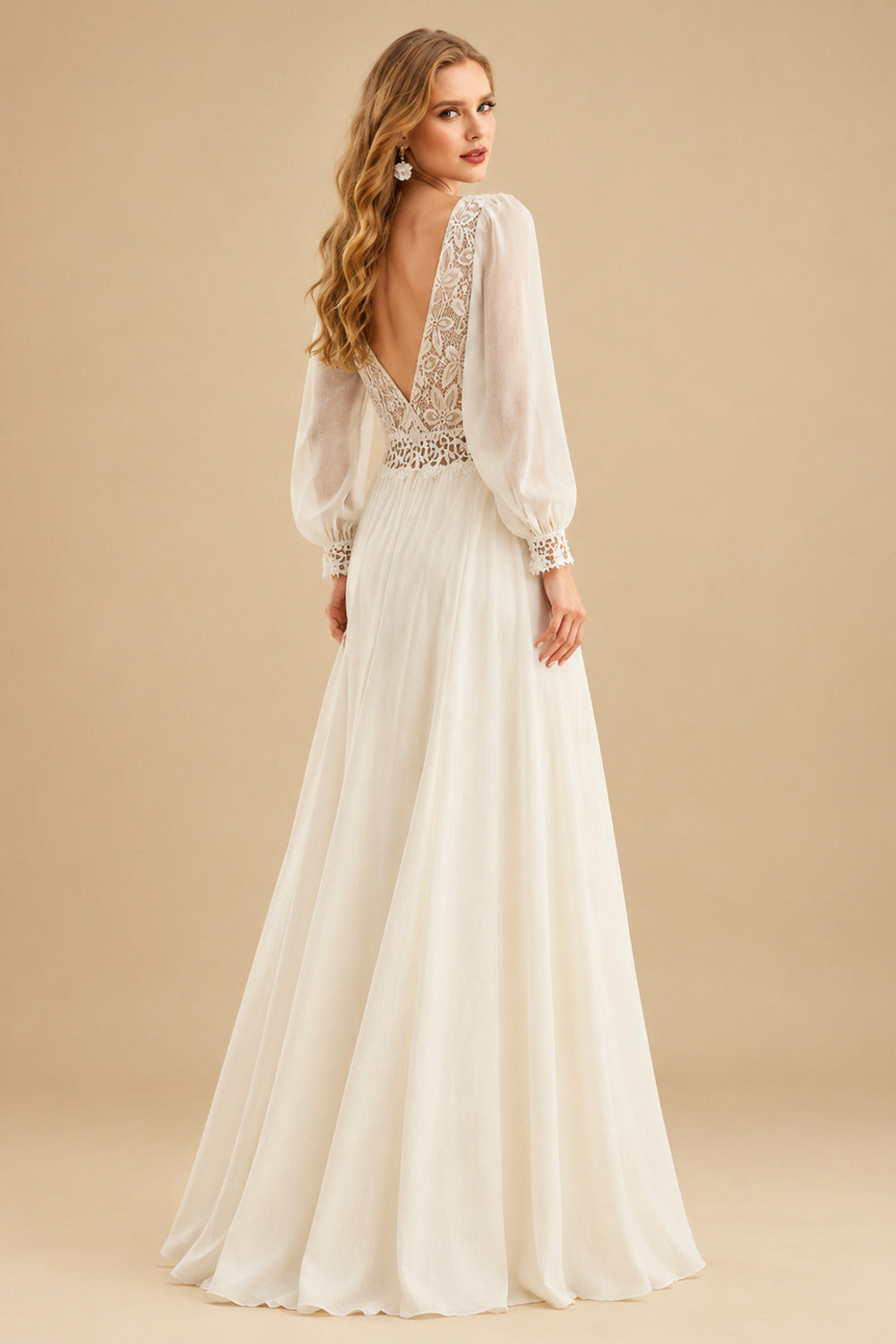 Rutipo Ivory Ball-Gown V-Neck Long Sleeves Tulle Lace Sweep Train Wedding Dresses WIth Pleated Lace