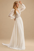 Rutipo Ivory Ball-Gown V-Neck Long Sleeves Tulle Lace Sweep Train Wedding Dresses WIth Pleated Lace