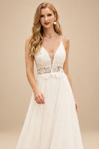 Rutipo Ivory A-Line V-Neck Sleeveless Chiffon Lace Sweep Train Wedding Dresses WIth Lace Split Front