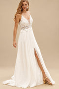 Rutipo Ivory A-Line V-Neck Sleeveless Chiffon Lace Sweep Train Wedding Dresses WIth Lace Split Front