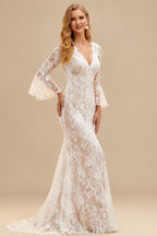 Rutipo As Picture Trumpet/Mermaid V-Neck Long Sleeves Lace Court Train Wedding Dresses With Split Front Lace
