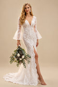 Rutipo As Picture Trumpet/Mermaid V-Neck Long Sleeves Lace Court Train Wedding Dresses With Split Front Lace