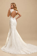 Rutipo Ivory Trumpet/Mermaid Sweetheart Sleeveless Lace Chapel Train Wedding Dresses With Appliques Lace Back Hole