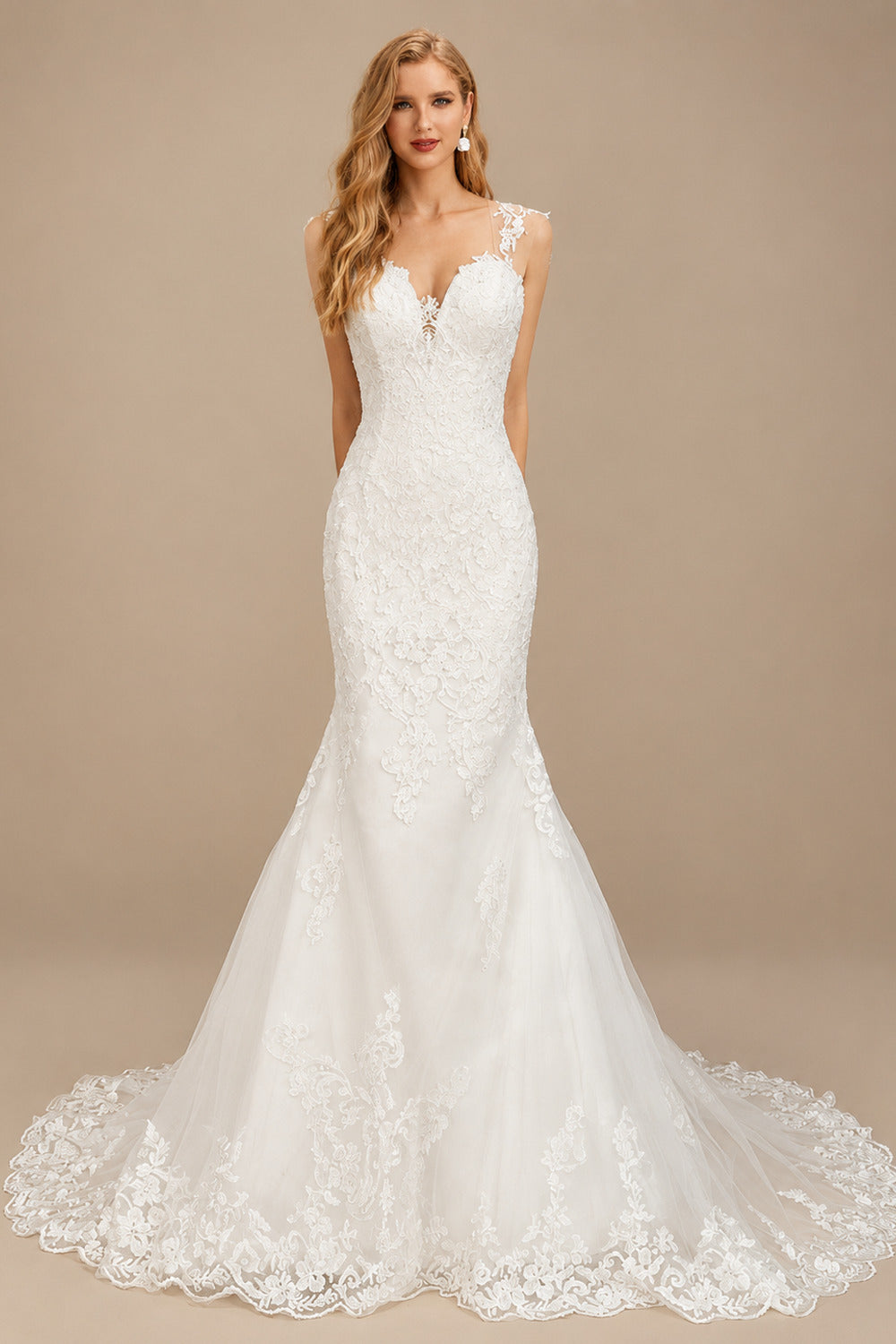 Rutipo Ivory Trumpet/Mermaid Sweetheart Sleeveless Lace Chapel Train Wedding Dresses With Appliques Lace Back Hole