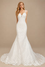 Rutipo Ivory Trumpet/Mermaid Sweetheart Sleeveless Lace Chapel Train Wedding Dresses With Appliques Lace Back Hole
