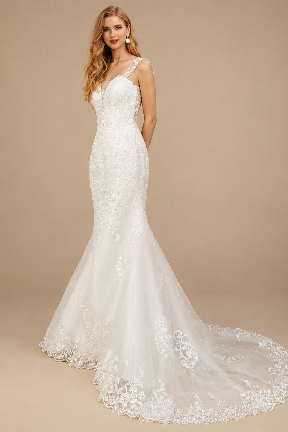 Rutipo Ivory Trumpet/Mermaid Sweetheart Sleeveless Lace Chapel Train Wedding Dresses With Appliques Lace Back Hole