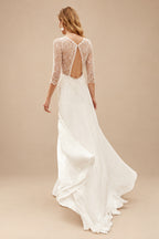 Rutipo Ivory A-Line V-Neck 3/4 Sleeves Chiffon Lace Sweep Train Wedding Dresses With Pleated Lace